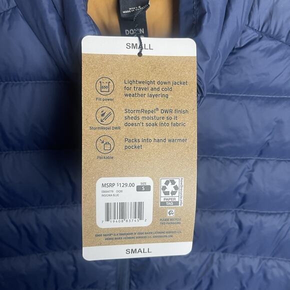 Eddie Bauer Mens Lightweight Water Repellent Packable Jacket 650 Down Blue Small - Picture 8 of 14